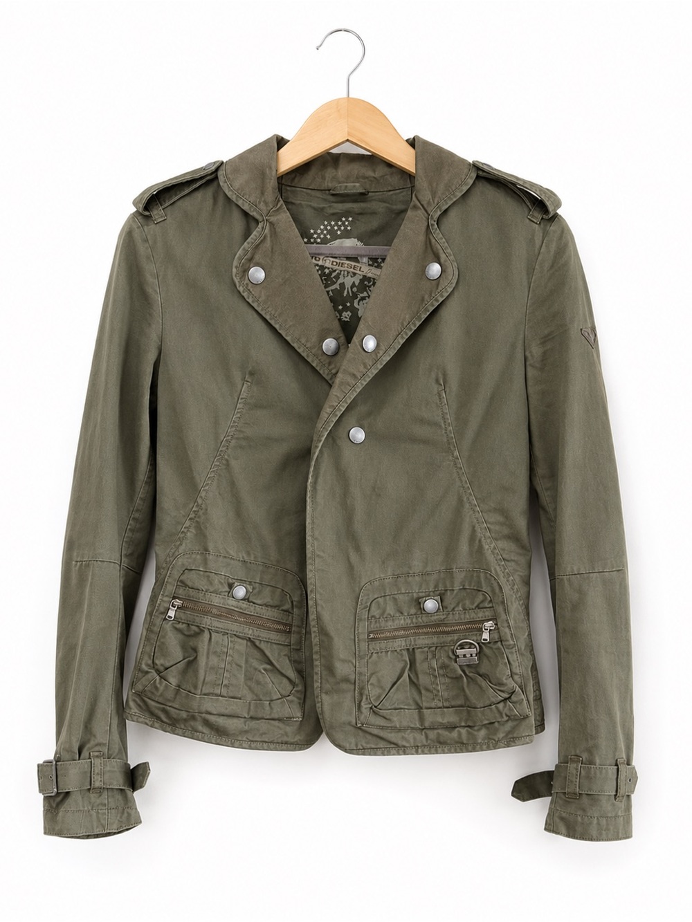 Diesel Olive Green Vintage Moto Utility Jacket Leather Detail Size M Y2K